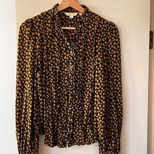 Floral Ruffle Blouse - Navy and Yellow